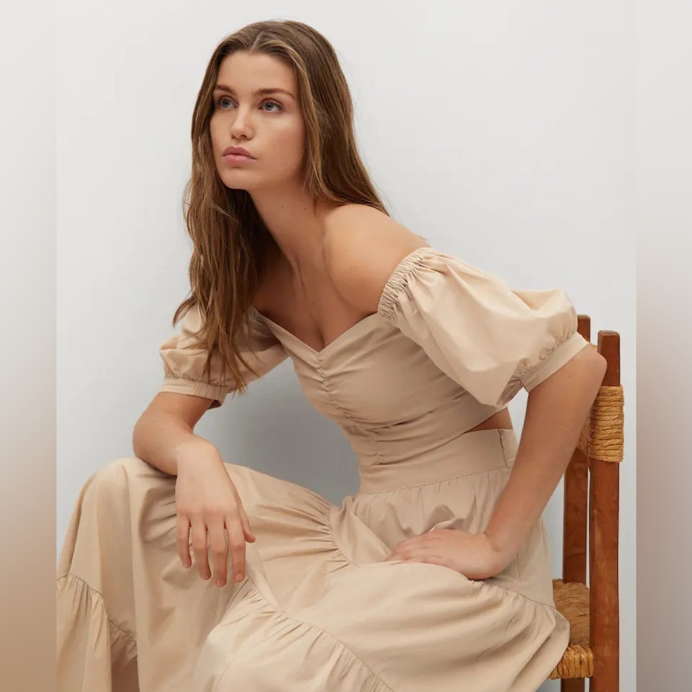 Mango Off Shoulder Puff Sleeve Crop Top Beige Venice